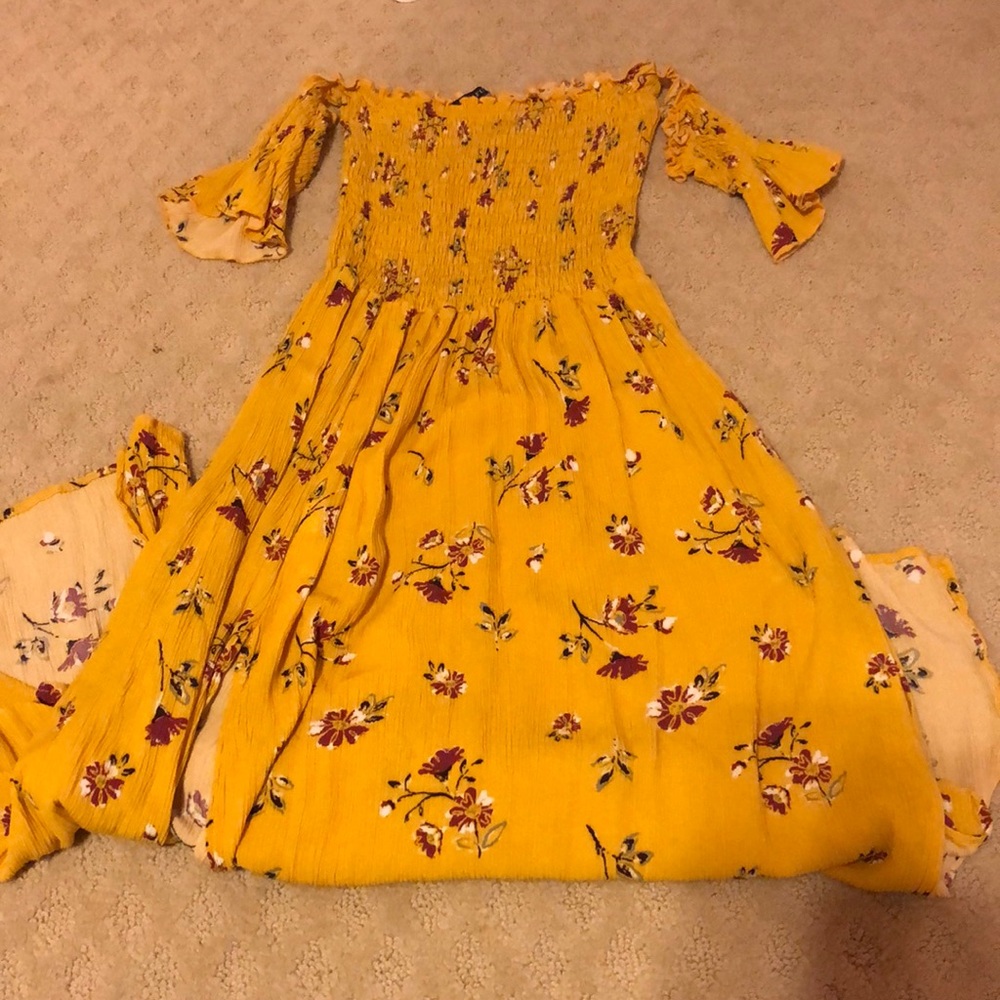 Mustard floral midi off shoulder dress